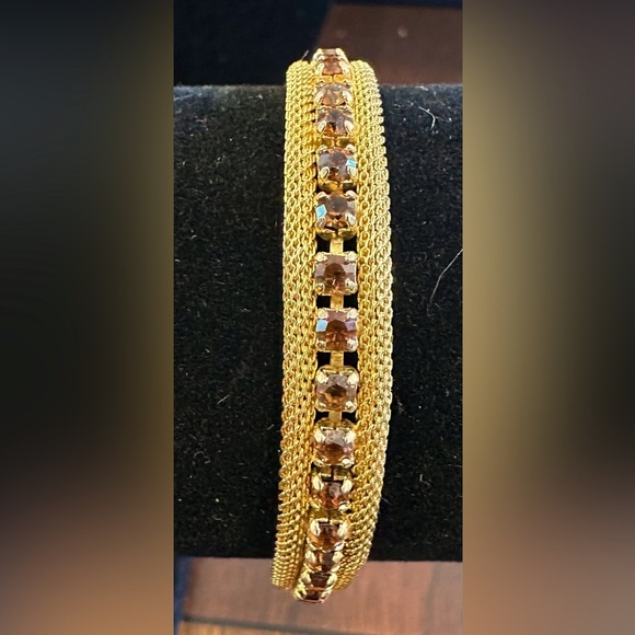 Vintage Yellow Gold Plated Mesh Bracelet, 42 Brown Topaz Stones EUC Size 7” - Picture 1 of 4